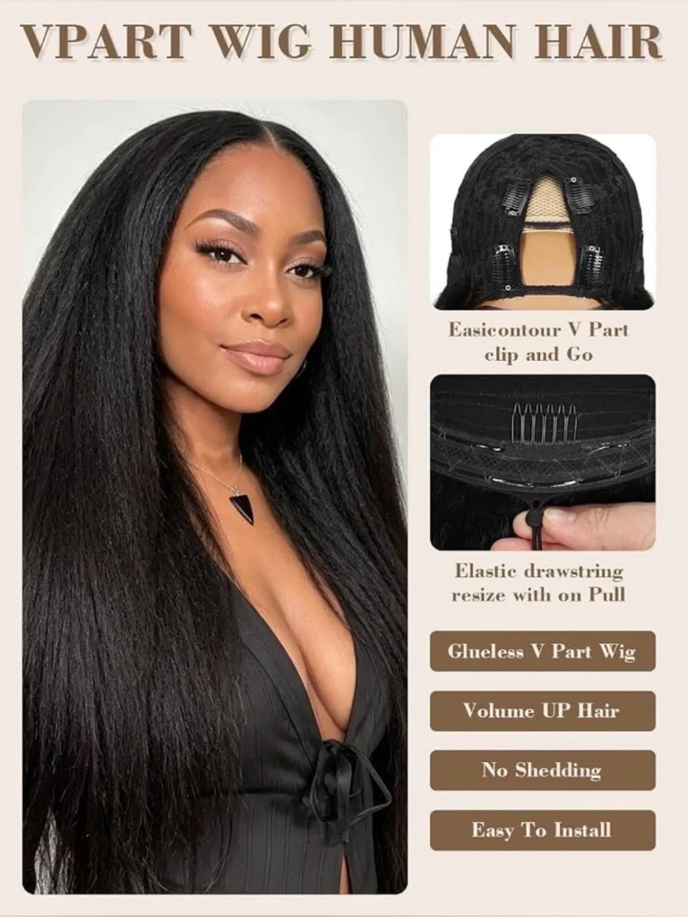 Natural Black Human Hair Kinky Straight V Part 24 Inch Wig